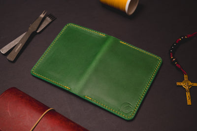 Green Buttero full grain leather card wallet with yellow stitching — The Morgan by Dark Sky Leather (additional view)