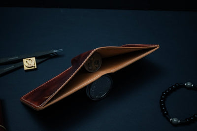 Museum Cognac shell cordovan bifold wallet — The Dillon, hand-stitched by Dark Sky Leather (packaging view)