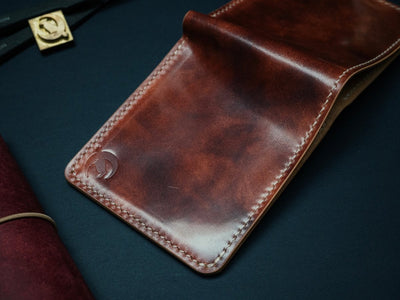 Museum Cognac shell cordovan bifold wallet — The Dillon, hand-stitched by Dark Sky Leather (interior view)