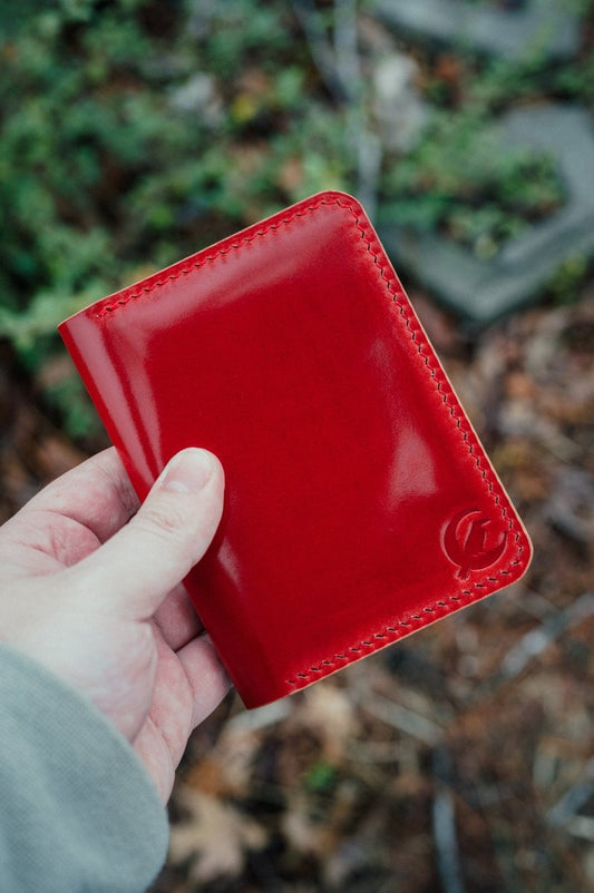 Red shell cordovan bifold wallet — The Morgan, handmade minimalist wallet by Dark Sky Leather