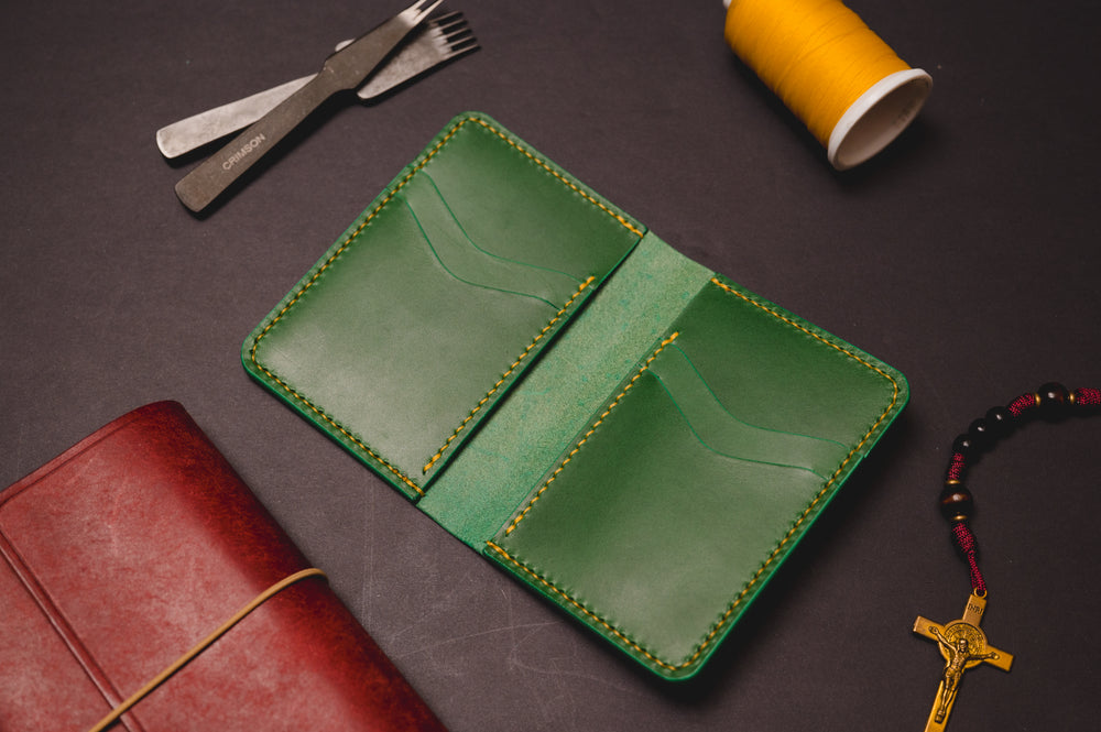 Green Buttero full grain leather card wallet with yellow stitching — The Morgan by Dark Sky Leather (alternate view)