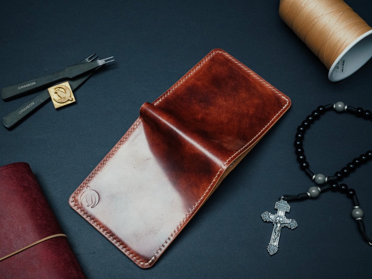 Museum Cognac shell cordovan bifold wallet — The Dillon, hand-stitched by Dark Sky Leather